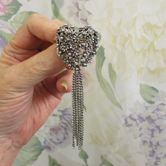 TORTOLANI Heart Brooch Earrings Set~Vintage STERLING Plate Floral Heart Jewelry - Picture 8 of 13